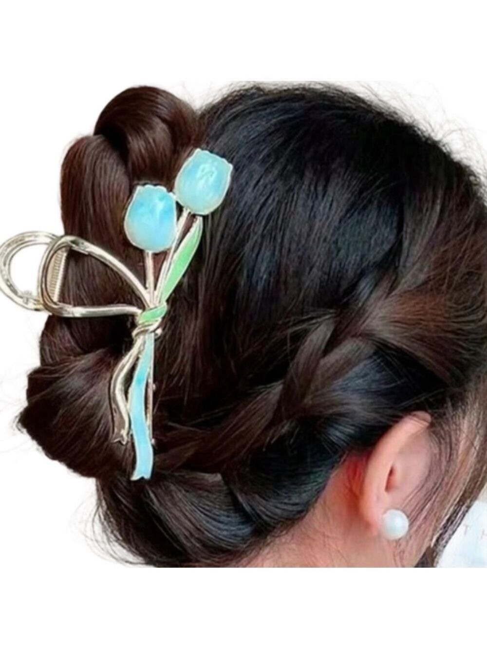 $20 (2 for $30) Metal Hair Claw Clip With Painted Blue Tulip Flowers Crab Clip